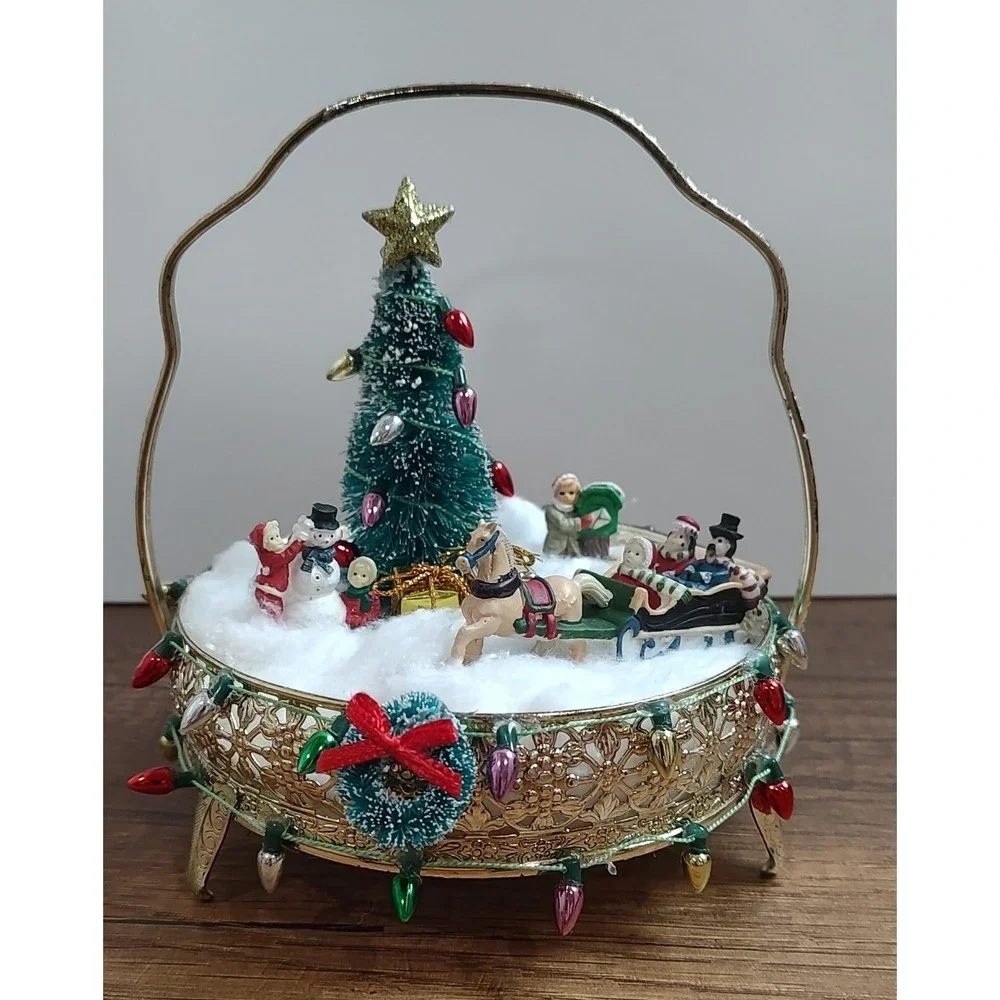 Handmade Christmas Scene Assemblage Art Sleigh Ride Snowman Tree Horse Wreathe